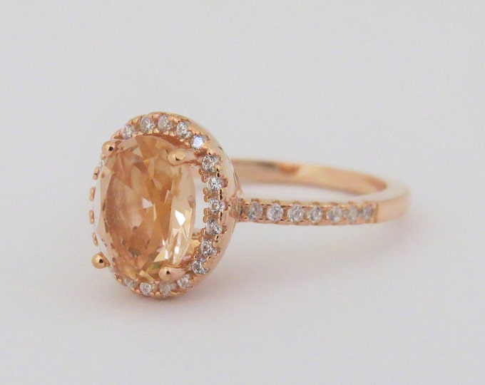 Vintage Sterling Silver Plated Rose Gold Created Morganite & White Topaz Ring Size 7