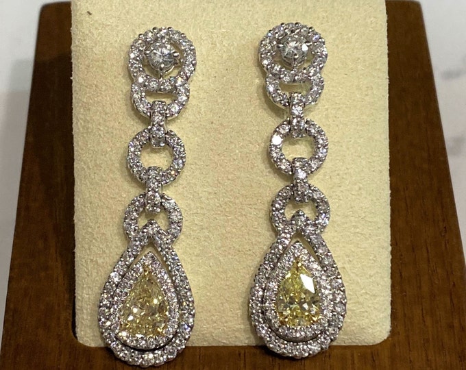 18K White Yellow Gold Pear Shape 0.66ct 0.61ct GIA Fancy Yellow Diamond 3.27ct Dangle Earring.
