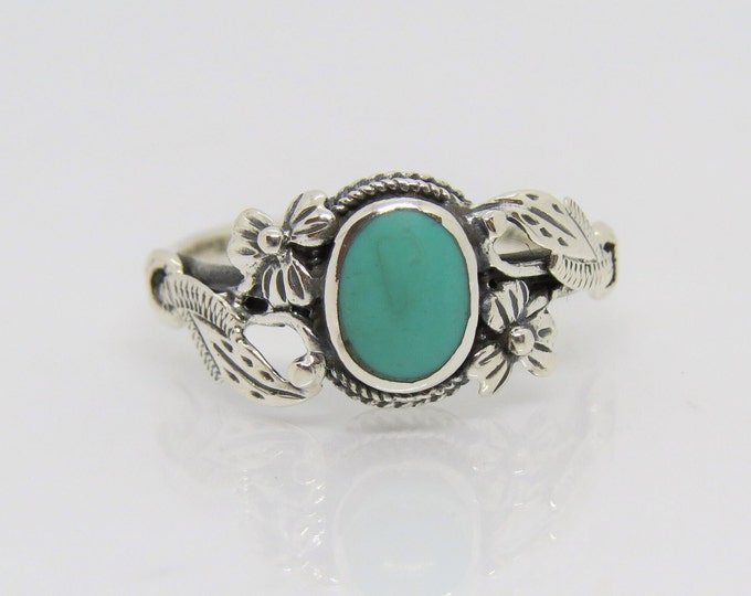 Vintage Sterling Silver Turquoise Flower Leaf Ring Size 5.5
