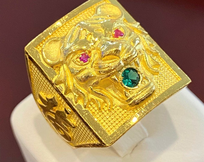 Vintage 23K 980 Pure Gold Emerald & Ruby Tiger Ring Size 8.5