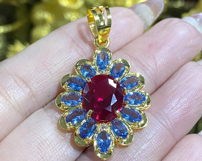 Vintage 18K Solid Gold Ruby, Tanzanite & White Topaz Flower Cluster Pendant.