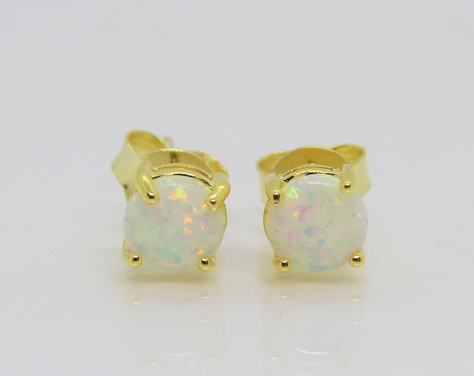 Vintage Sterling Silver 14K Gold Plate White Opal Stud Earrings