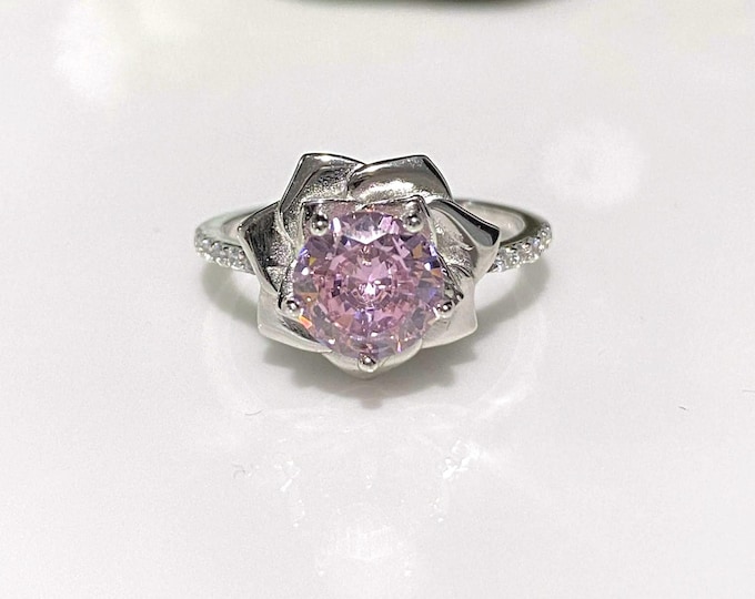 Sterling Silver Pink Sapphire Rose Flower Ring Size 8