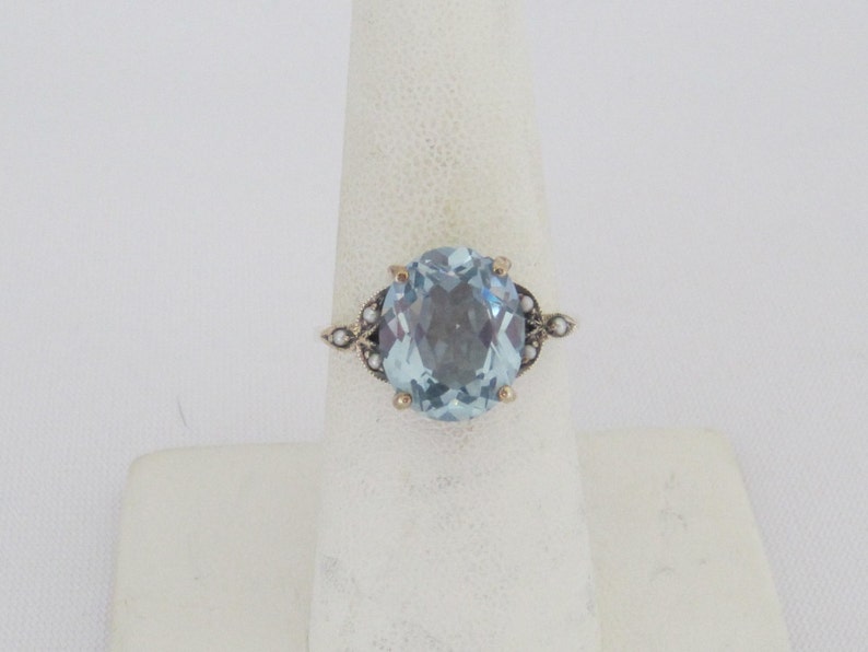 Vintage Sterling Silver Aquamarine /& Seed Pearl Ring Size 6