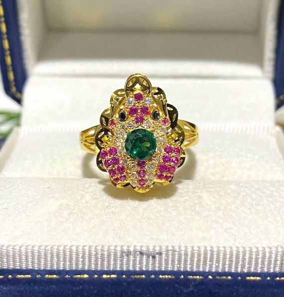 Vintage 15K Gold Frog Ring Emerald, Ruby, Topaz, … - image 1