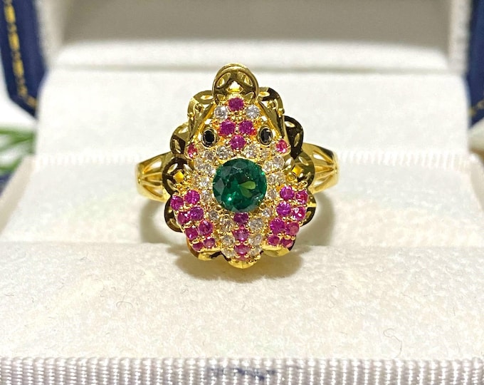Vintage 15K Solid Gold Emerald, Ruby & White Topaz, Black Sapphire Eye's Frog Ring Size 7.