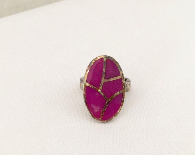 Vintage Sterling Silver Inlay Pink Cabochon Oval Ring Size 7