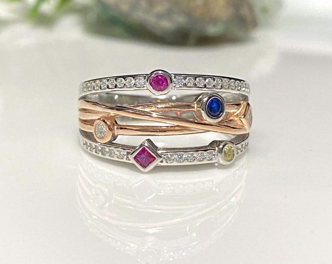 Vintage Sterling Silver, Rose Gold Plate Blue, Yellow Sapphire, Ruby & White Topaz Band Ring Size 8