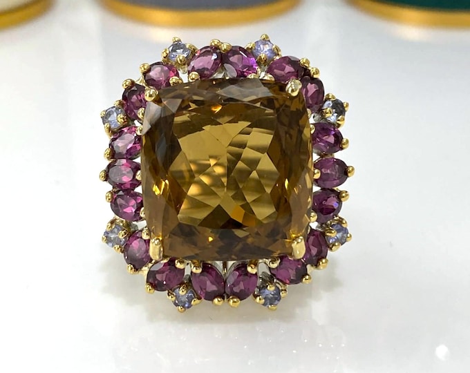 Vintage Sterling Silver 38ct Natural Citrine & Rhodolite, Tanzanite Ring Size 9