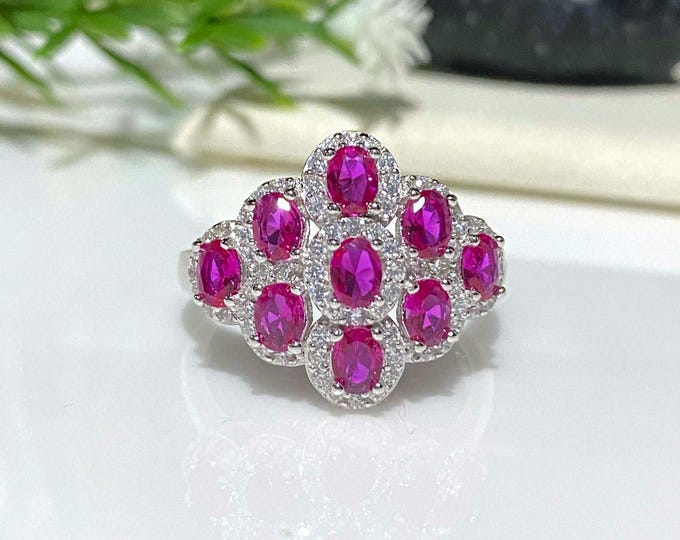 Vintage Sterling Silver Oval cut Ruby & White Topaz Ring Size 8