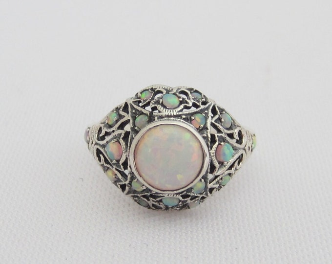 Vintage Sterling Silver White Opal Cluster Filigree Ring Size 7