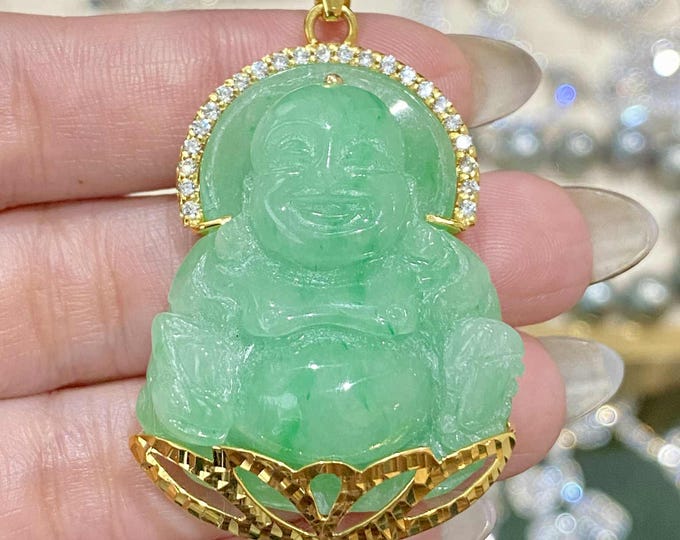 Vintage 18K Gold Green Jade Laughing Buddha Pendant White Topaz Accent