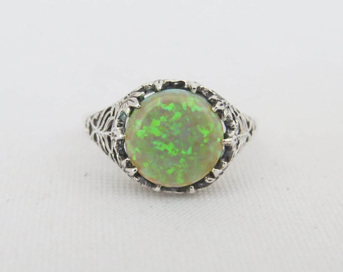Vintage Sterling Silver Green Opal Filigree Ring Size 7