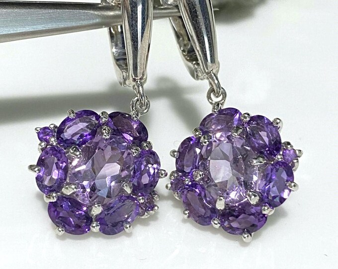 Vintage Sterling Silver Natural Amethyst Dangle Earrings.