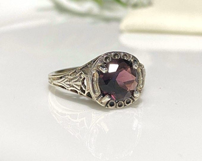 Vintage Sterling Silver Natural Amethyst Filigree Ring Size 7