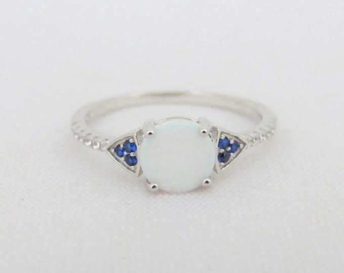 Vintage Sterling Silver White Opal, Blue Sapphire & White Topaz Ring Size 7