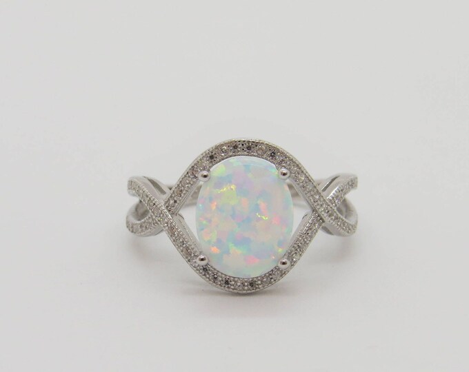 Vintage Sterling Silver White Opal & White Topaz Twisted Ring Size 7
