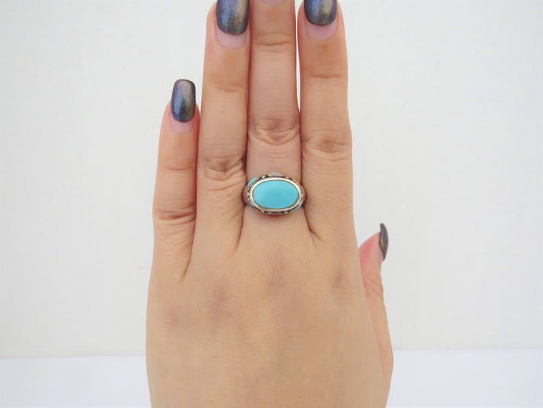Vintage Sterling Silver Turquoise Mixed Gemstone Oval Dome Ring Size 6