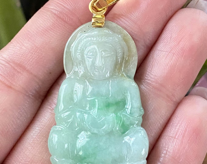 Vintage 18K Solid Yellow Gold Green, White, Yellow Jadeite Jade Buddha Pendant. Mat Phat Bon Su Thich Ca.