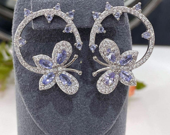 Vintage Sterling Silver Natural Tanzanite & White Topaz Butterfly Earrings.
