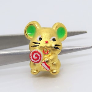 Vintage Pure 24K 9999 Gold Enamel Mouse Rat Charm Bead Pendant Make for Bracelet