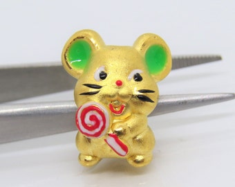 Vintage Pure 24K 9999 Gold Enamel Mouse Rat Charm Bead Pendant Make for Bracelet