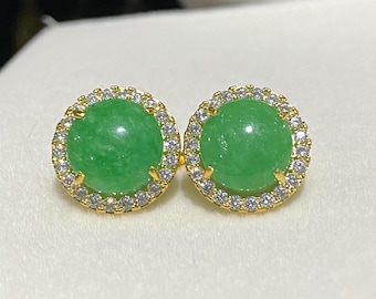 Vintage 18K Solid Yellow Gold Natural Apple Green Jadeite Jade & White Topaz Earrings