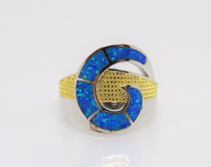 Sterling Silver Two Tone Blue Opal Swirly Dome Ring Size 8