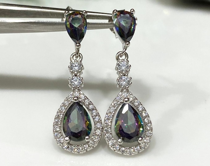 Vintage Sterling Silver Rainbow Topaz & White Topaz Dangle Earrings.