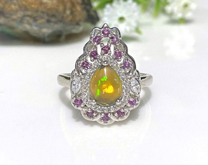 Vintage Sterling Silver 1.25cts Natural Pear cut Black Fire Opal, Rhodolite & White Topaz Ring Size 6 3/4