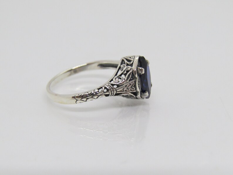 Vintage Sterling Silver Blue Sapphire Filigree Ring Size 8