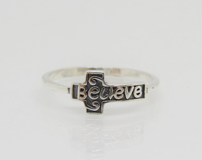 Vintage Sterling Silver Carved Believe Cross Ring Size 7