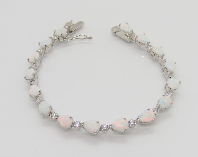 Sterling Silver Pear cut White Opal & White Topaz Link Chain Bracelet 7.25''