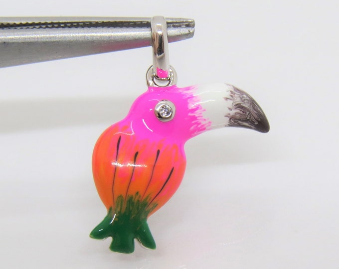 Vintage Sterling Silver Enamel Toucan Bird White Topaz Pendant