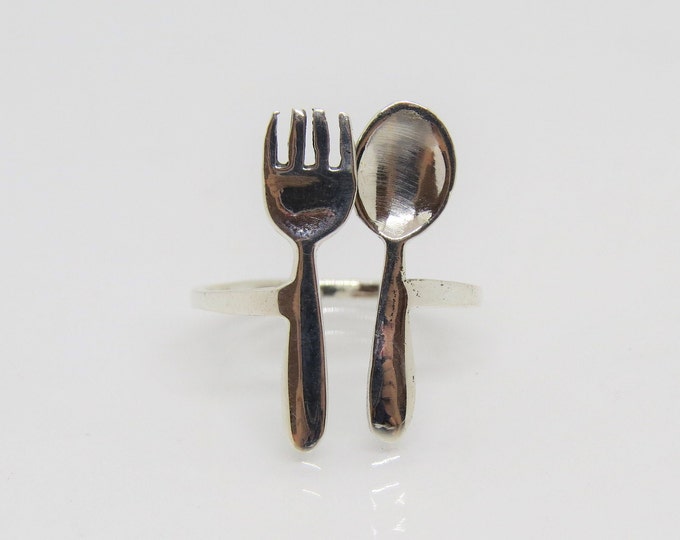 Vintage Sterling Silver Fork & Spoon Adjustable Ring Size 7