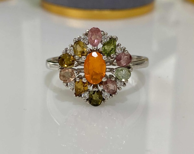 Vintage Sterling Silver Natural Orange Opal & Tourmaline Ring Size 9