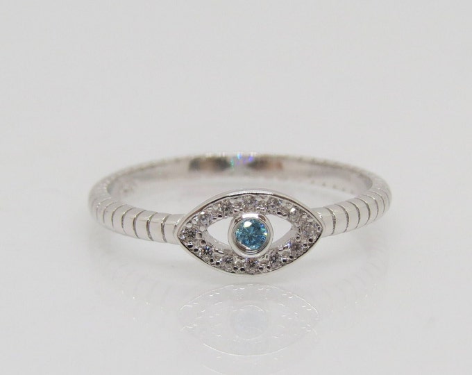 Vintage Sterling Silver Aquamarine & White Topaz Evil Eye Ring Size 7