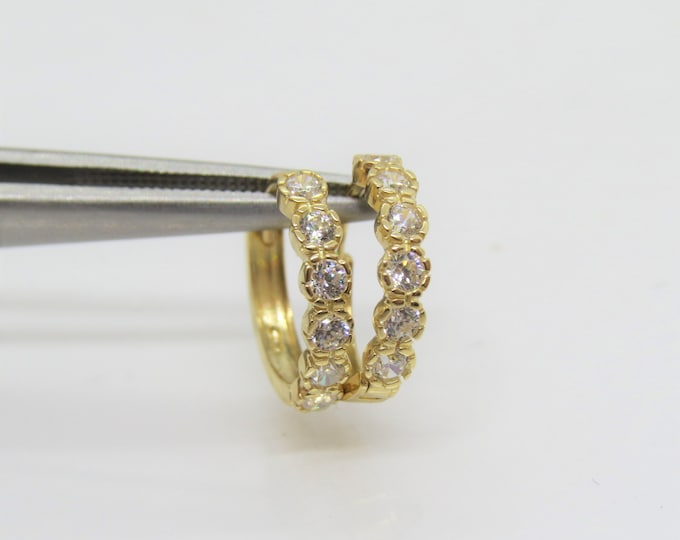 Vintage 14K Solid Yellow Gold White Topaz Hoop Earrings 11.5MM