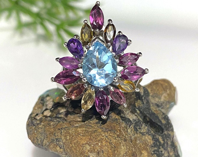 Vintage Sterling Silver Natural Blue Topaz & Amethyst, Rhodolite, Tourmaline Ring Size 8