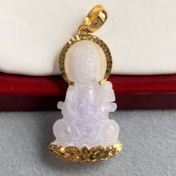 Vintage 18K Solid Gold Natural Light Lavender, White Jadeite Jade Kwan Yin Buddha Pendant Phat Ba Quan Am