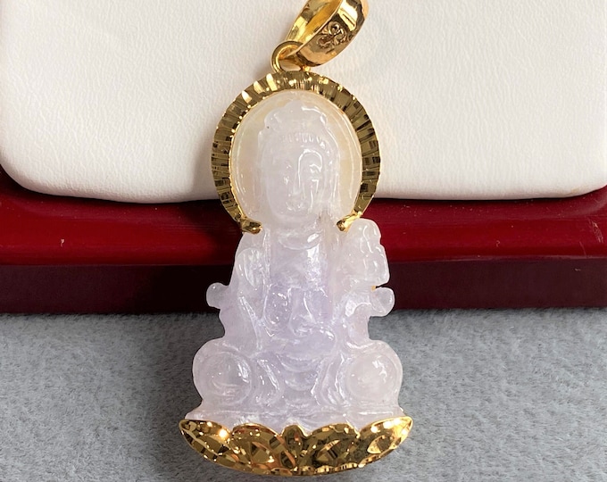 Vintage 18K Solid Gold Natural Light Lavender, White Jadeite Jade Kwan Yin Buddha Pendant Phat Ba Quan Am