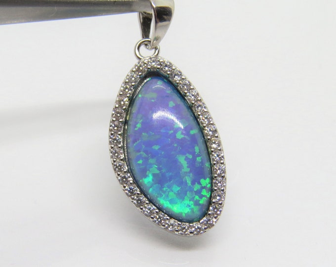 Vintage Sterling Silver Blue Opal & White Topaz Pendant.