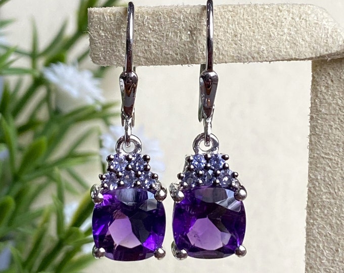 Vintage Sterling Silver Amethyst & Tanzanite Dangle Earrings.