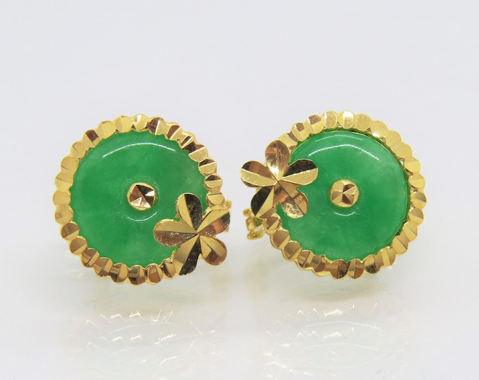 Vintage 18K Solid Gold Circle Donut Green Jadeite Jade Earrings