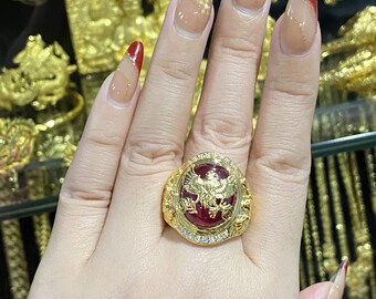 Vintage 15K 610 Yellow Gold Ruby Cabochon & White Topaz