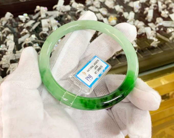 Vintage Translucent Natural Green, Black Jadeite Jade Bangle Bracelet 58.6MM