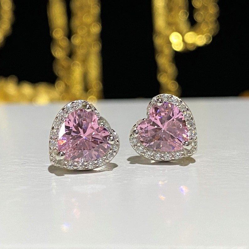 Sterling Silver Pink Sapphire & White Topaz Heart Earrings. image 5