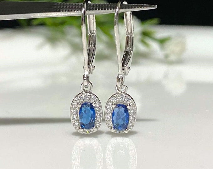 Vintage Sterling Silver Blue Sapphire & White Topaz Dangle Earrings.