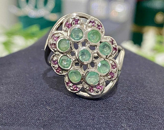 Vintage Sterling Silver Natural Emerald & Rhodolite Ring Size 8