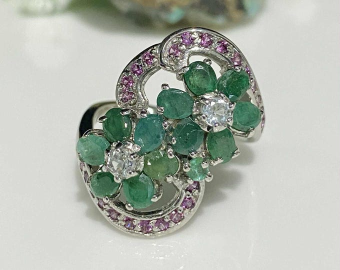 Vintage Sterling Silver Natural Emerald & Rhodolite Flower Ring Size 8 1/2